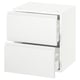 A white, modern kitchen cabinet with two drawers and a door. The cabinet a sleek, minimalist design.