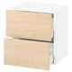 A white SEKTION kitchen unit with light wooden drawers. It two open drawers and a closed cabinet.