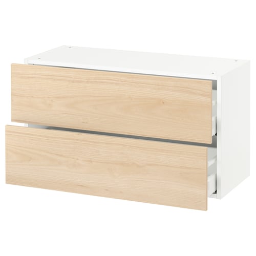 White SEKTION kitchen cabinet with light oak drawers, rectangular and modern design.