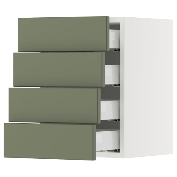 Depicts a green kitchen cabinet with four drawers. It has a sleek modern design and is part of the SEKTION kitchen system.