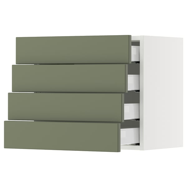SEKTION kitchen cabinets with four green-gray drawers, sleek modern design, full extension drawers.