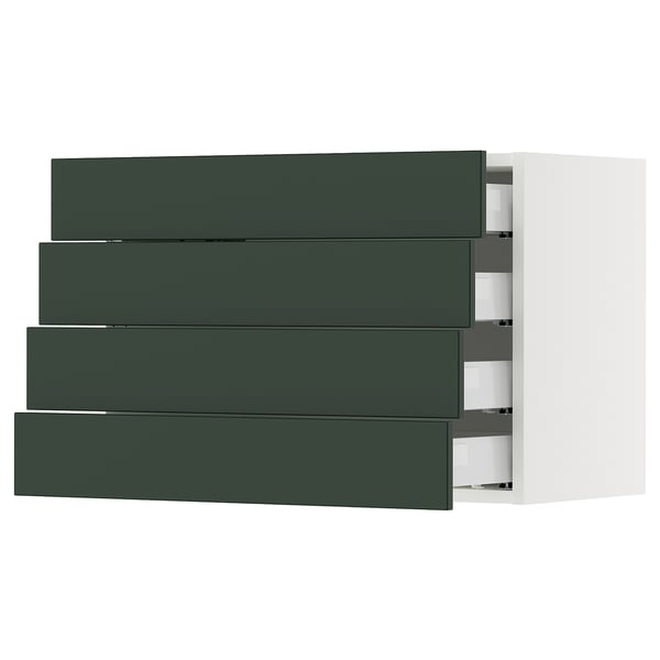 A modern kitchen cabinet system, named SEKTION, featuring four green drawers and a white frame.