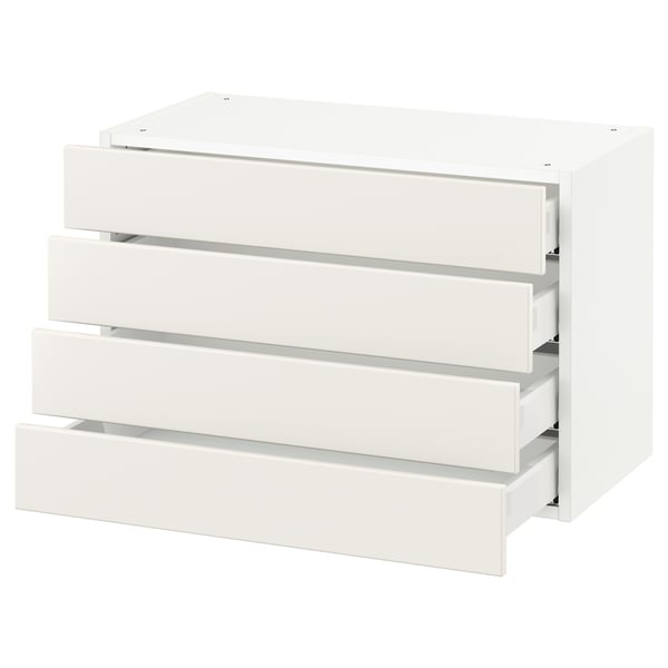 White SEKTION kitchen storage with four open drawers, sleek and modern design.