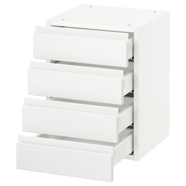 A white SEKTION kitchen cabinet with four full-extension drawers. The cabinet a modern, minimalist design with integrated handles.