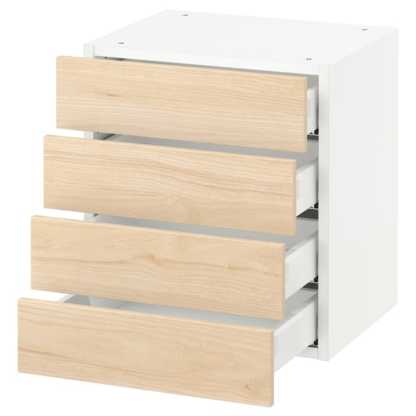 White SEKTION kitchen cabinet with four light wood drawers.