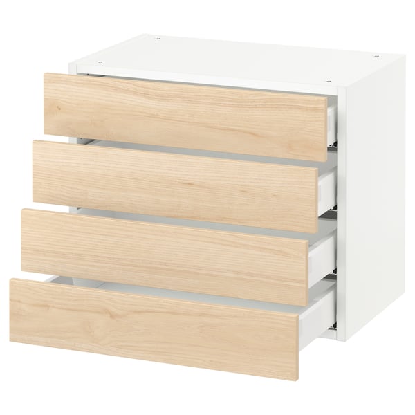 A white SEKTION cabinet with four light wood drawers, offering a modern and natural look.
