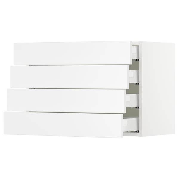 SEKTION white kitchen cabinets, modern design, four drawers, sleek handles.