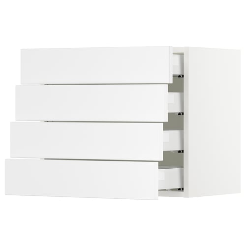 White SEKTION kitchen cabinets with modern, sleek design, featuring multiple drawers and wall-mounted units.