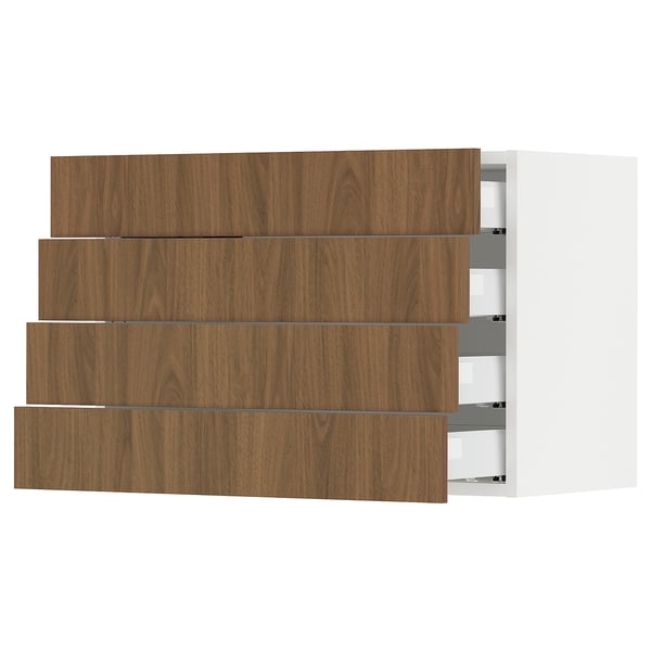 Walnut-colored wooden kitchen cabinet with four drawers, white and sleek design.