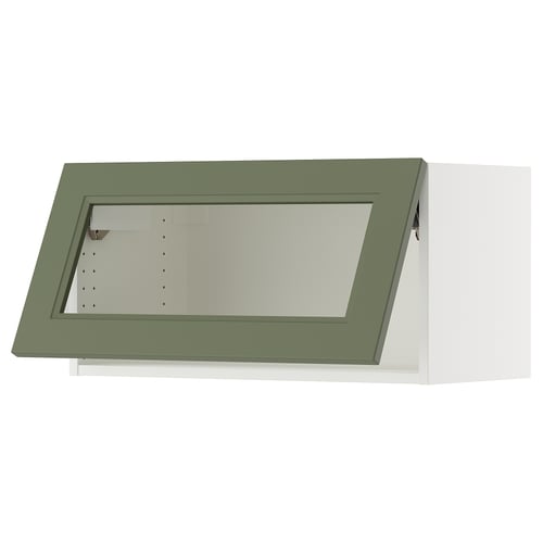 Green wall-mounted kitchen cabinet with glass door, modern design.