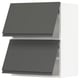 Modern kitchen cabinets in grey; white background, sleek design, wall-mounted.