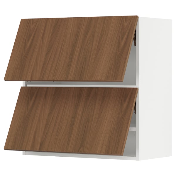 SEKTION kitchen cabinets in walnut-brown, sleek design, horizontal handles, two shelves.