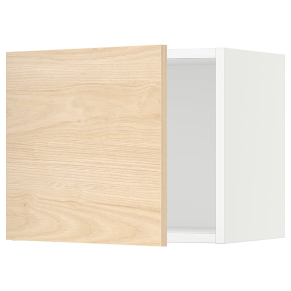 A light wooden kitchen cabinet with a white frame, featuring a modern and natural design.