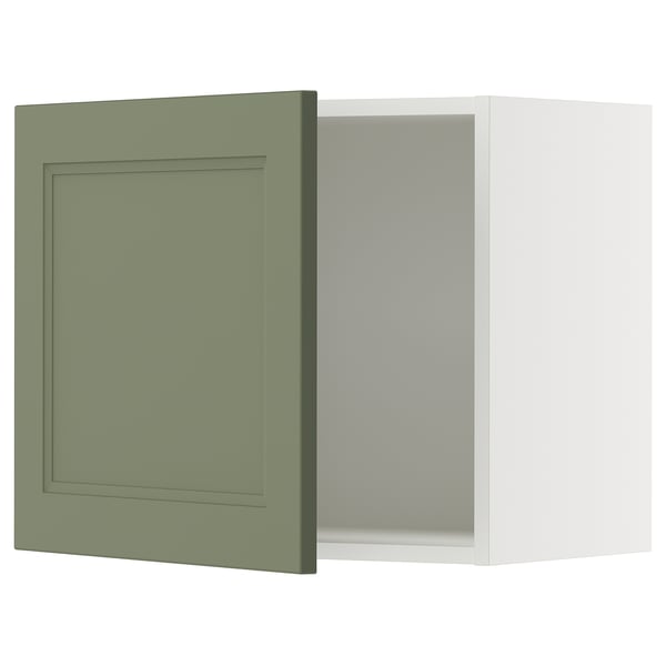 Green kitchen cabinet with square design.