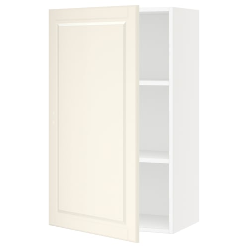 An off-white kitchen cabinet with a rectangular door and white interior, featuring adjustable shelves and bevelled edges.