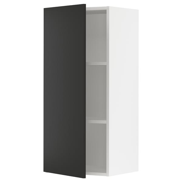 Black ikea SEKTION kitchen cabinet with white interior, two shelves.
