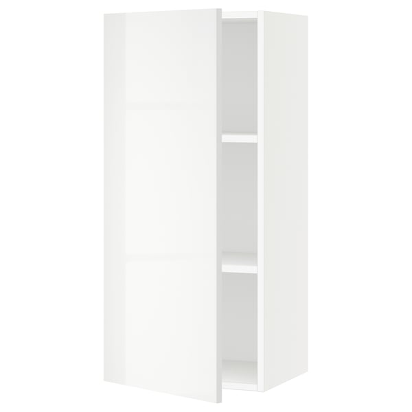 Displays a white, modern kitchen cabinet from the SEKTION series, featuring high-gloss doors and an adjustable shelf.