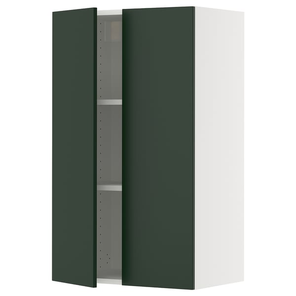 A SEKTION wall cabinet from ikea with green havstorp doors, offering adjustable shelves and a sleek, modern design.
