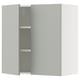 Modern kitchen cabinet, light grey, square shape, with one door open revealing adjustable shelf.