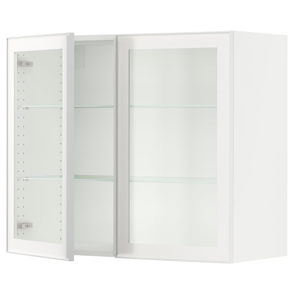 SEKTION kitchen cabinet, white with glass doors, three shelves, sleek metal frames.