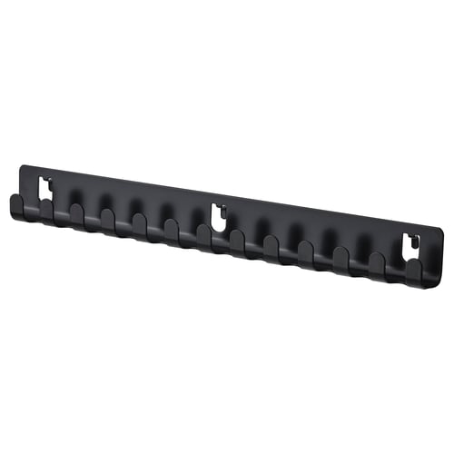 Black SKÅDIS wall organiser with 12 hooks for hanging items, made of steel. Rectangular shape, practical design.