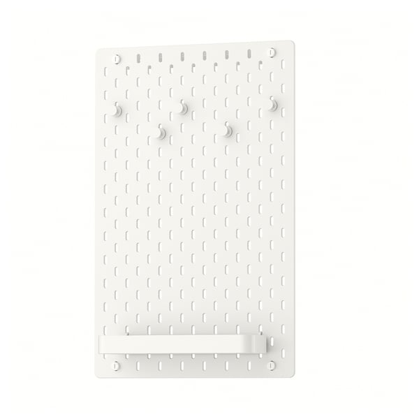 SKÅDIS white pegboard, rectangular, with four hooks and a shelf, for wall organisation.