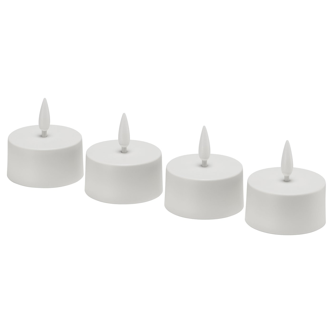Four white, cylindrical led tealights in a row. Each has a small, pointed wick on top.