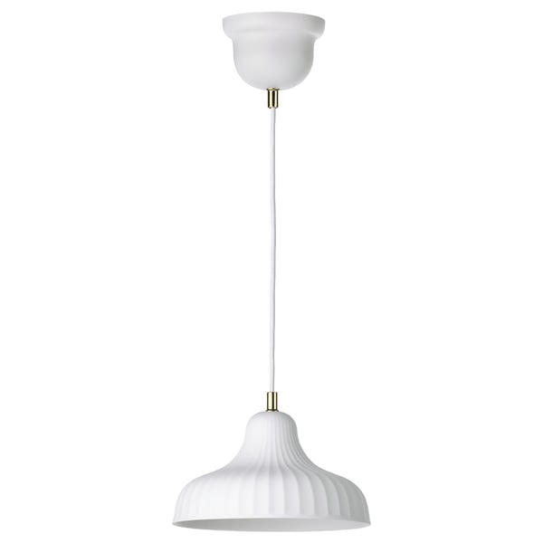 SKIVTOFS pendant lamp, white, ceramic shade, ribbed design, hangs from cord.