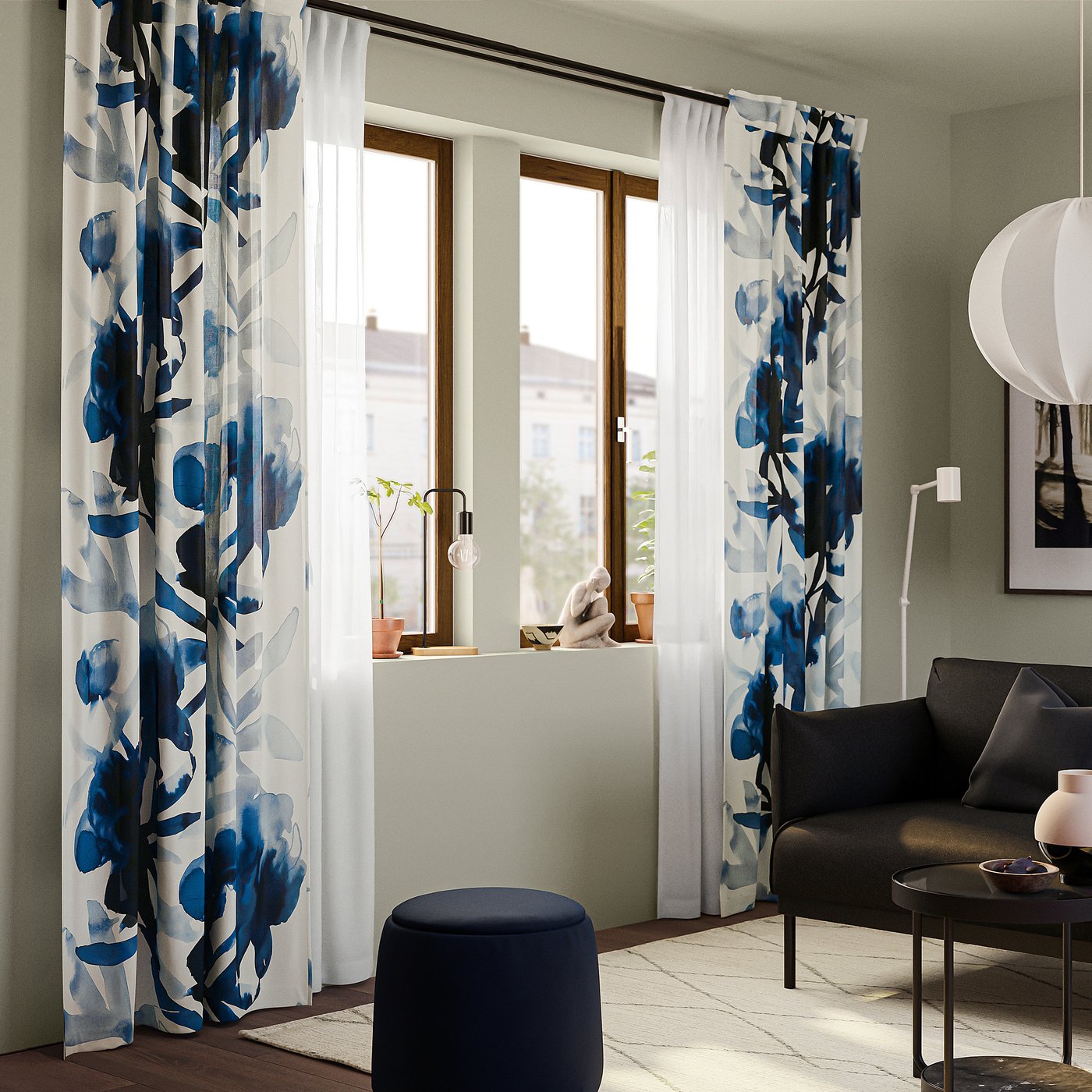 SKOGSNÄSSLA Curtains, 1 pair, white/blue floral pattern/with heading tape, 145x250 cm