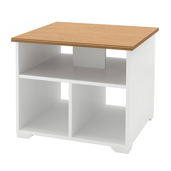 A SKRUVBY storage table in white with a wooden top. It has an open design for storage and a traditional style with clean lines.