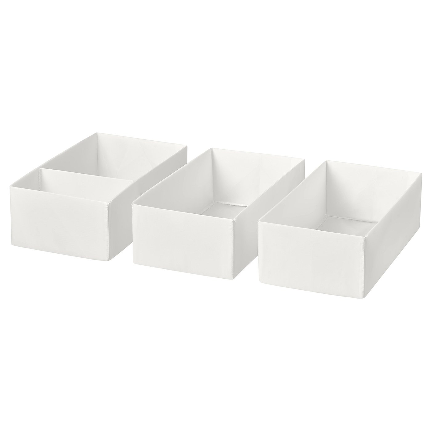 Three white plastic storage boxes arranged in a row, each identical in size and shape, ideal for organising small items in drawers or shelves.