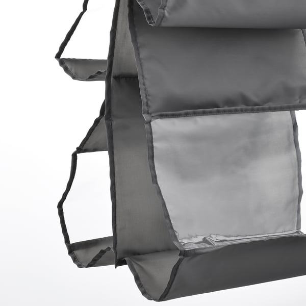 Grey fabric bag with large clear pocket, sturdy handles, and zippers, made from recycled materials.