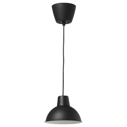Black ikea SKURUP pendant lamp with metal shade and adjustable cord.
