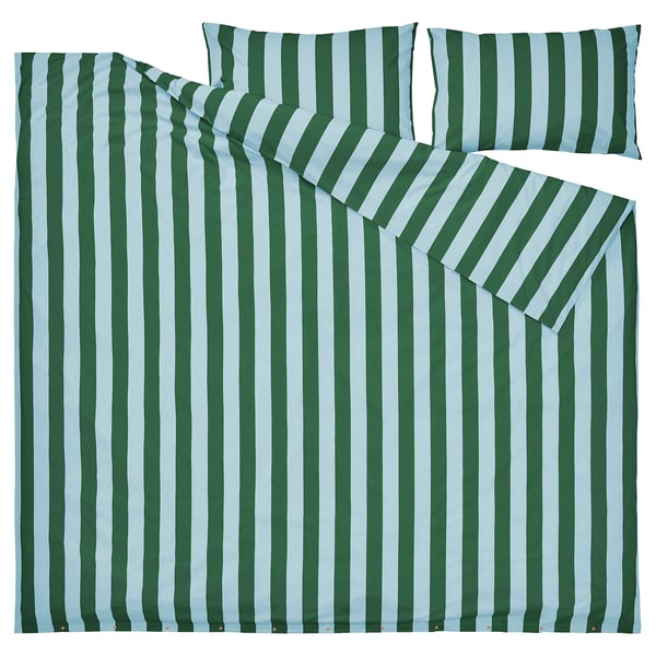 Image SLÅNHÖSTMAL duvet cover set in green and white stripes, made from cotton and lyocell for soft, breathable comfort.