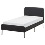 Image depicts a grey SLATTUM bed frame with a white mattress, featuring a padded headboard and sleek, metal legs.