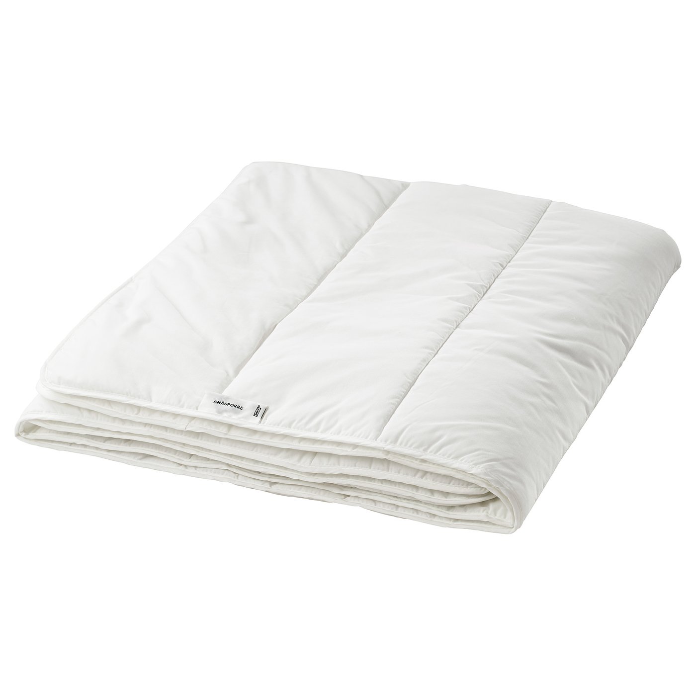 White SMÅSPORRE cotton-polyester duvet, rectangular, smooth, lightweight.