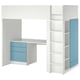 The SMÅSTAD loft bed in white and blue offers a sleeping area, desk, and storage. Modern, functional with a square, compact design.