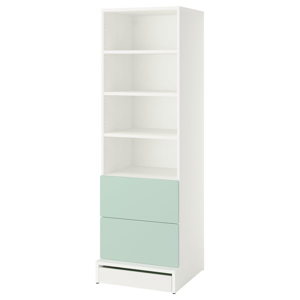 A white and light green SMÅSTAD bookcase with open shelves and drawers, perfect for storing books and small items.