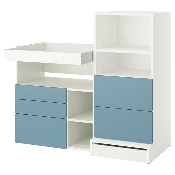 SMÅSTAD white and blue kids storage: shelves, drawers, changing table, particleboard.