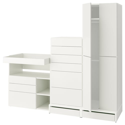 White SMÅSTAD baby changing unit with drawers and wardrobe for nursing station and closet.