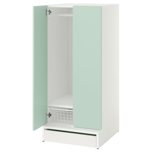 Open white kids wardrobe with green doors, soft-close hinges, and adjustable shelves.