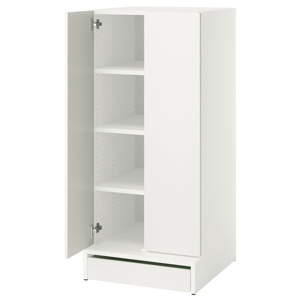 White SMÅSTAD cabinet, adjustable, three shelves, two doors, soft-close hinges.