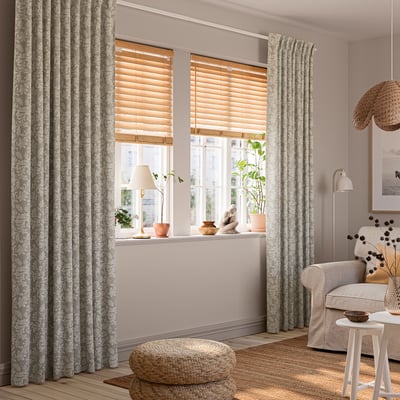 SNÖRUTA Curtains, 1 pair, light grey-beige white/floral pattern with heading tape, 145x250 cm