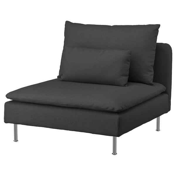 SÖDERHAMN chair, dark grey fabric, modern minimalist design with deep seat, metal legs.