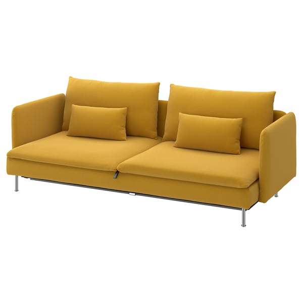 Mustard yellow SÖDERHAMN sofa bed, sleek design, four cushions, chrome legs, supportive comfort.