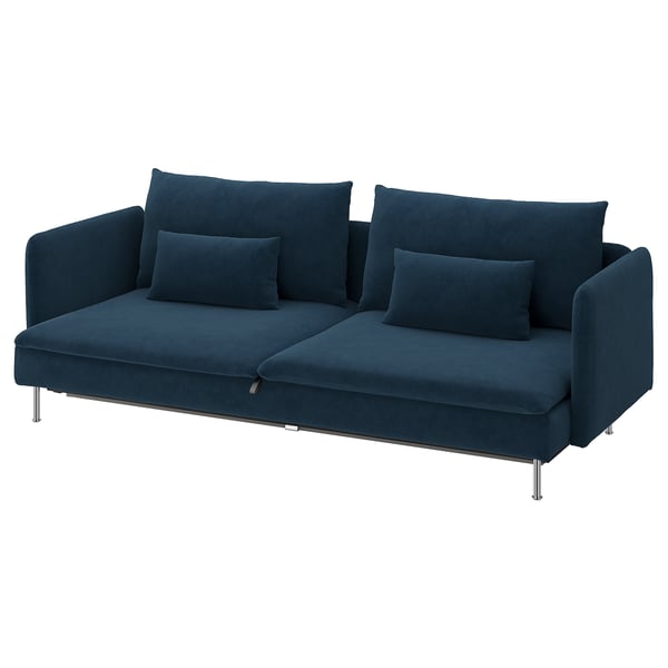 SÖDERHAMN blue sofa-bed. Modern design with deep seating, sleek lines, and high legs in dark blue fabric.