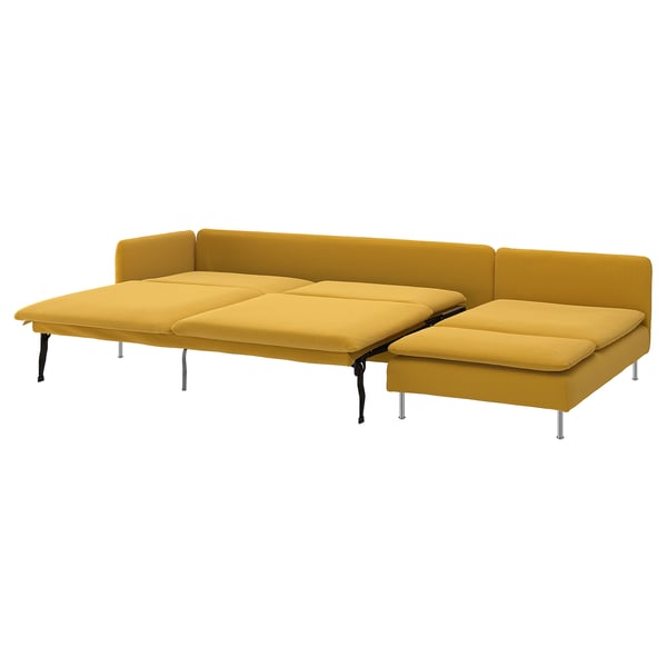 SÖDERHAMN: yellow sofa-bed with slim lines and high legs, featuring a 3-seat section and chaise lounge, perfect for both seating and sleeping.