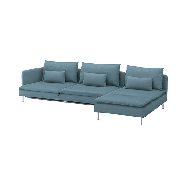 This image a blue SÖDERHAMN sectional sofa with sleek, modern design and multiple cushions.