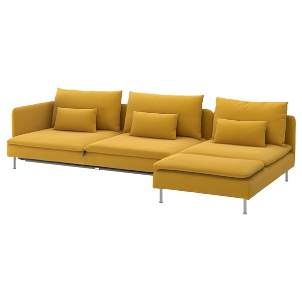 A vibrant yellow SÖDERHAMN sofa-bed with sleek, modern design and plush cushions.