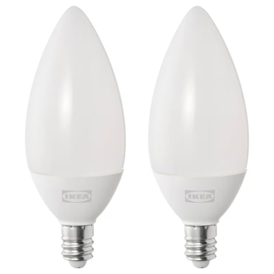 Ikea led light bulbs, pair, white, frosted, teardrop shape, energy-efficient.